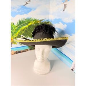Black & Gold Pirate / Musketeer Costume Hat w Feathers / Plume Adult One Size